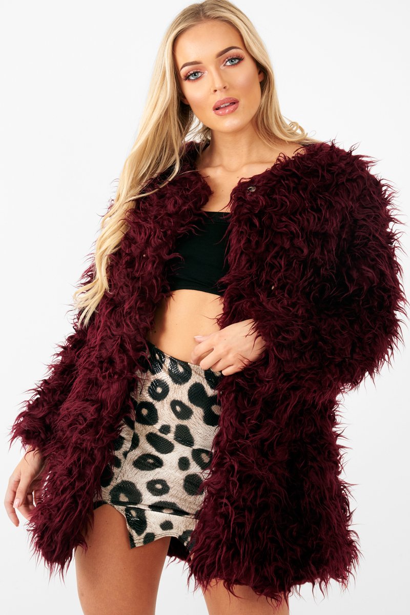 Wine Shaggy Faux Fur Coat - Evalina-Coats