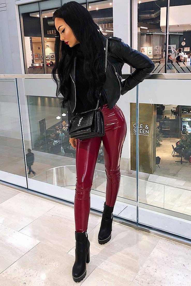 Wine Shiny Vinyl PU Leggings - Rio-Trousers
