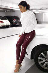 Wine Shiny Vinyl PU Leggings - Rio-Trousers