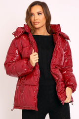 Wine Shiny Wet Look Chunky Hooded Puffer Coat - Syra-Coats
