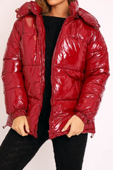 Wine Shiny Wet Look Chunky Hooded Puffer Coat - Syra-Coats