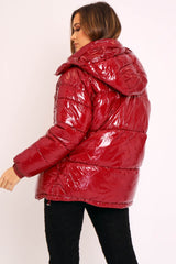 Wine Shiny Wet Look Chunky Hooded Puffer Coat - Syra-Coats