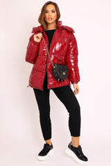 Wine Shiny Wet Look Chunky Hooded Puffer Coat - Syra-Coats