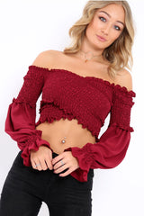 Wine Shirred Wrap Over Bardot Crop Top - Zuri-Crop Tops