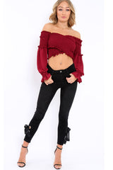 Wine Shirred Wrap Over Bardot Crop Top - Zuri-Crop Tops