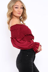Wine Shirred Wrap Over Bardot Crop Top - Zuri-Crop Tops