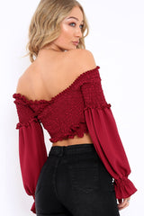 Wine Shirred Wrap Over Bardot Crop Top - Zuri-Crop Tops