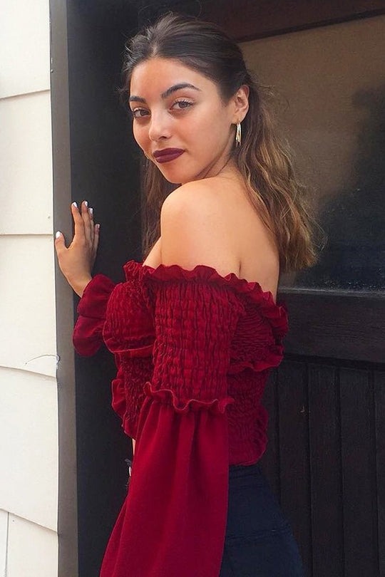 Wine Shirred Wrap Over Bardot Crop Top - Zuri