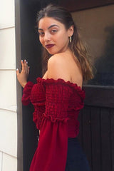 Wine Shirred Wrap Over Bardot Crop Top - Zuri-Crop Tops