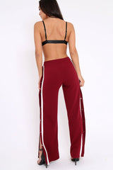 Wine Side Popper White Stripe Trousers - Sady-Trousers