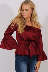 Wine Silk Bardot Bell Sleeves Top - Fawn-Tops