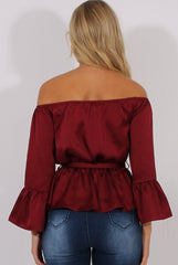 Wine Silk Bardot Bell Sleeves Top - Fawn-Tops