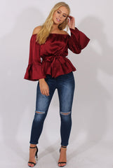 Wine Silk Bardot Bell Sleeves Top - Fawn-Tops