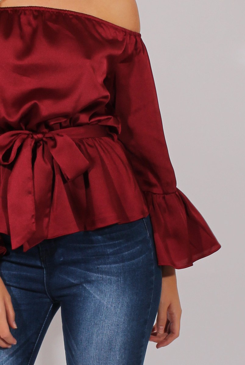 Wine Silk Bardot Bell Sleeves Top - Fawn-Tops