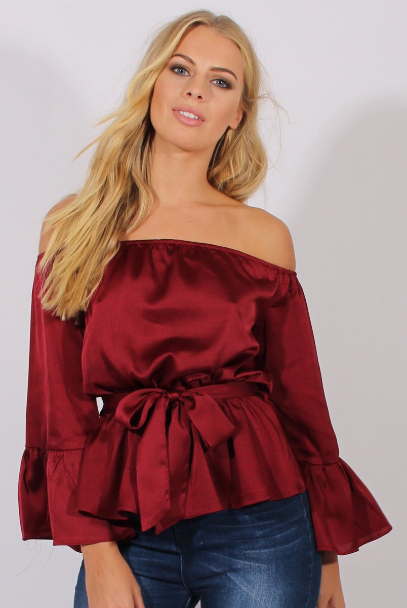 Wine Silk Bardot Bell Sleeves Top - Fawn-Tops