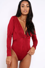 Wine Slinky Twist Front Bodysuit - Gretchen-Bodysuits