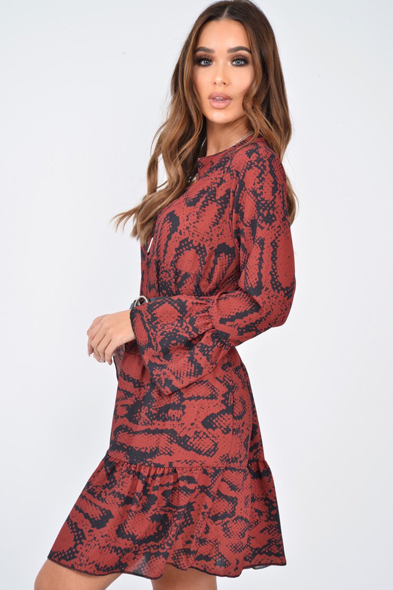 Wine Snake Print Plunge Flute Sleeve Shift Dress - Olesya-Dresses