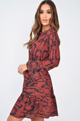 Wine Snake Print Plunge Flute Sleeve Shift Dress - Olesya-Dresses