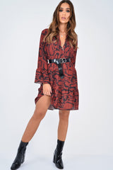 Wine Snake Print Plunge Flute Sleeve Shift Dress - Olesya-Dresses