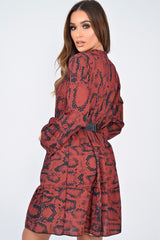 Wine Snake Print Plunge Flute Sleeve Shift Dress - Olesya-Dresses