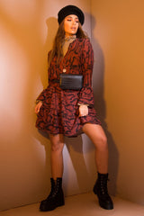 Wine Snake Print Plunge Flute Sleeve Shift Dress - Olesya-Dresses