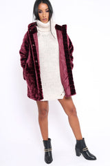 Wine Soft Faux Fur Hooded Coat - Kila-Jackets