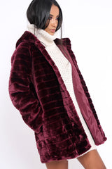 Wine Soft Faux Fur Hooded Coat - Kila-Jackets