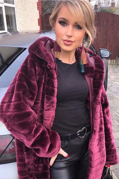 Wine Soft Faux Fur Hooded Coat - Kila-Jackets