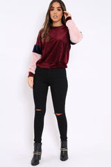 Wine Soft Fur Jumper with Contrast Sleeves - Erla-Jumper