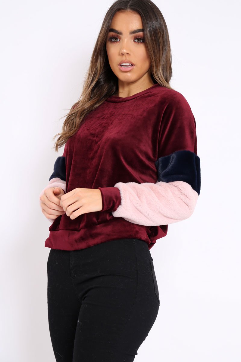 Wine Soft Fur Jumper with Contrast Sleeves - Erla-Jumper