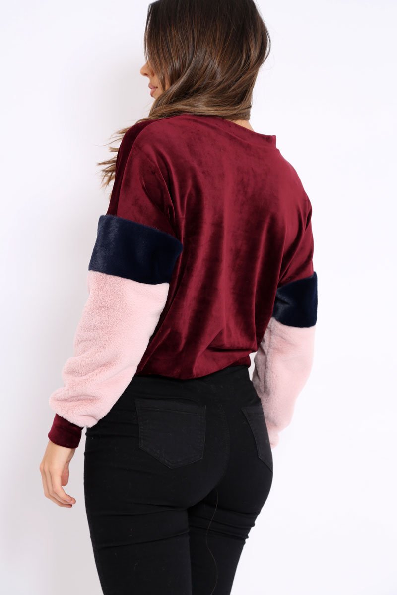 Wine Soft Fur Jumper with Contrast Sleeves - Erla-Jumper