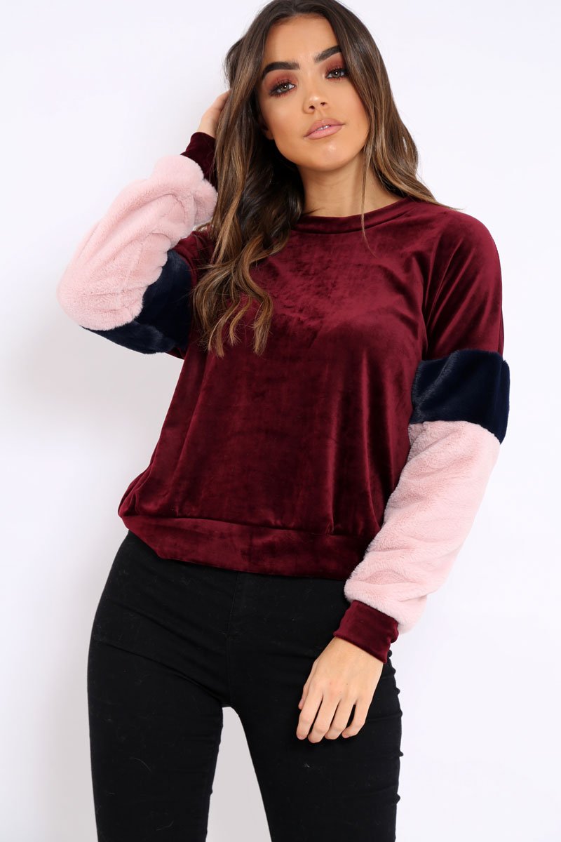 Wine Soft Fur Jumper with Contrast Sleeves - Erla-Jumper