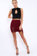 Wine Soft Stretch Skirt with Lace Up Detail - Zarrah-Skirts