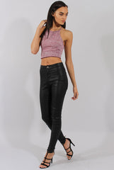 Wine Sparkle Halter Neck Crop Top - Charla-Crop Tops