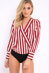 Wine Stripe Plunge Satin Bodysuit - North-Bodysuits