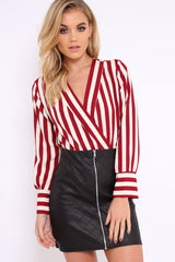 Wine Stripe Plunge Satin Bodysuit - North-Bodysuits