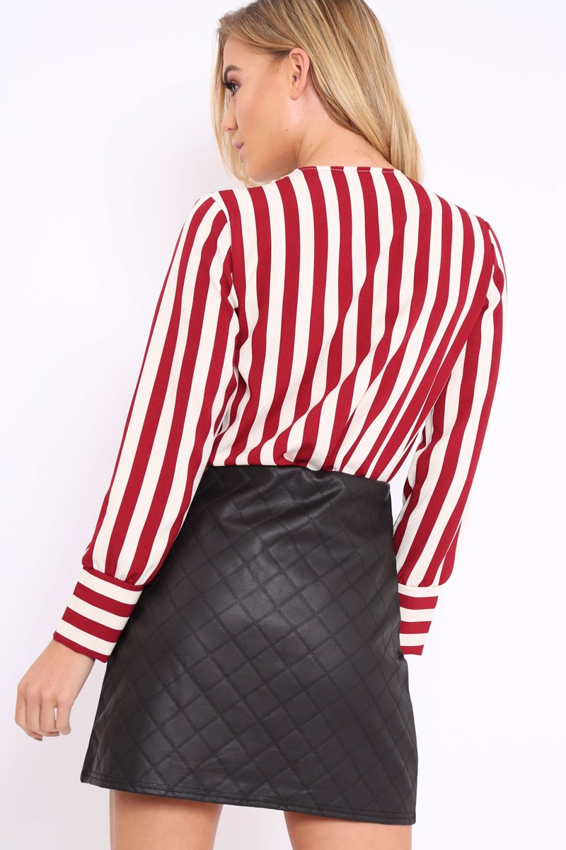 Wine Stripe Plunge Satin Bodysuit - North-Bodysuits