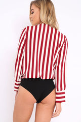 Wine Stripe Plunge Satin Bodysuit - North-Bodysuits