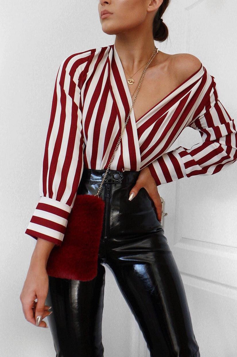 Wine Stripe Plunge Satin Bodysuit - North-Bodysuits
