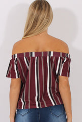 Wine Striped Bardot Top - Victoria-Tops