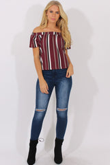 Wine Striped Bardot Top - Victoria-Tops