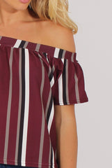 Wine Striped Bardot Top - Victoria-Tops