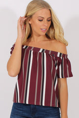 Wine Striped Bardot Top - Victoria-Tops