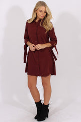 Wine Suede Tie Cuff Oversized Shirt Dress - Deborah-Dresses