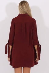 Wine Suede Tie Cuff Oversized Shirt Dress - Deborah-Dresses