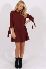 Wine Suede Tie Cuff Oversized Shirt Dress - Deborah-Dresses
