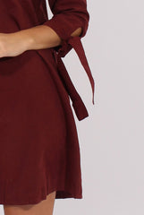 Wine Suede Tie Cuff Oversized Shirt Dress - Deborah-Dresses