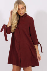 Wine Suede Tie Cuff Oversized Shirt Dress - Deborah-Dresses