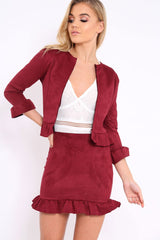 Wine Suedette Frill Hem Mini Skirt - Misse-Skirts
