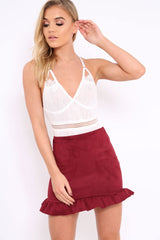 Wine Suedette Frill Hem Mini Skirt - Misse-Skirts
